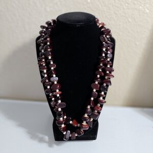 Vintage 2-Strand Dark Garnet Red Chip Bead Necklace w/ White Howlite Space